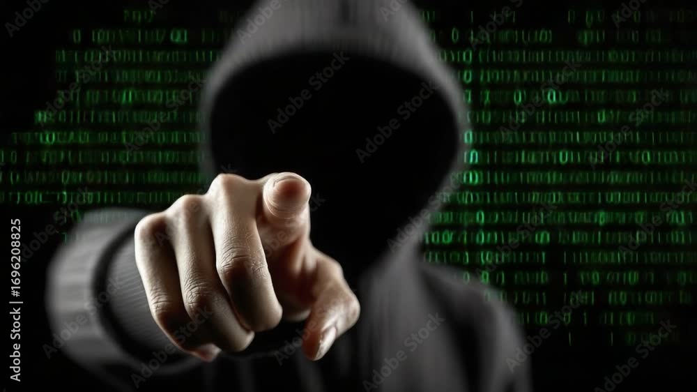 Poster a shadowy figure in a hoodie points assertively against a backdrop of glowing green binary code, sym
