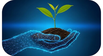 a young plant growing from a mound of soil held in a stylized, digital hand. The hand is rendered as a network of glowing blue lines against a blue gradient background