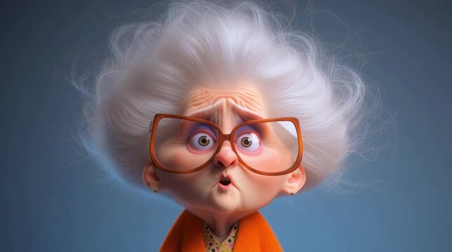 Confused little old lady with messy hair talking at camera on isolated background