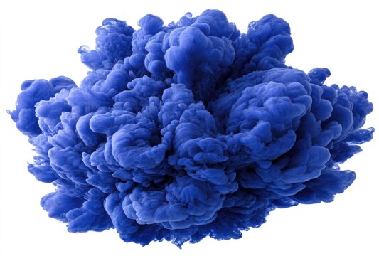 Swirling, puffy mass of vibrant blue dye or pigment suspended in a clear medium, against a stark white backdrop