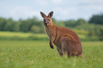 Fototapeta premium A wallaby with a red neck resting in the grass, wildlife, mammal, vertebrate, kangaroo family