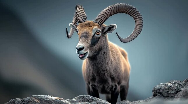 Closeup of a markhor mountain goat standing majestically on a rocky mountain ledge in with corkscrew-shaped horns.