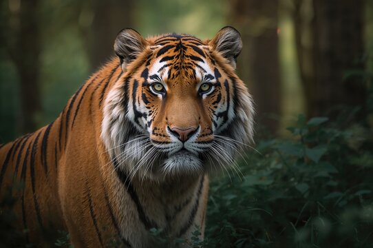 A wild Bengal tiger roaming through dense woodland