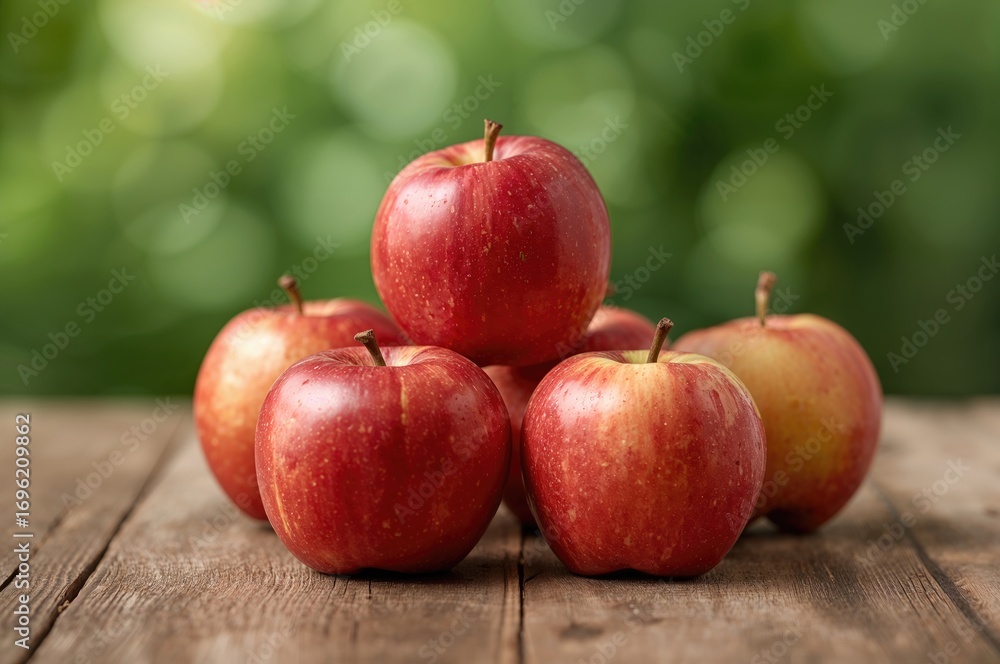 Poster fresh apples on a wooden table with a rustic setting