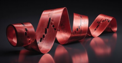 Curving, reflective, red ribbon with dark accents on a shiny, black surface creates dynamic, elegant composition