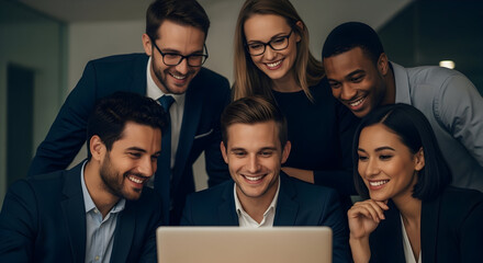 Diverse business team collaborating on laptop project success teamwork meeting office professionals happy colleagues looking at screen modern workplace collaboration innovative solutions