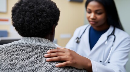 African American female doctor in white coat offers comfort and support to patient during consultation in a modern medical office, showcasing compassionate healthcare interaction