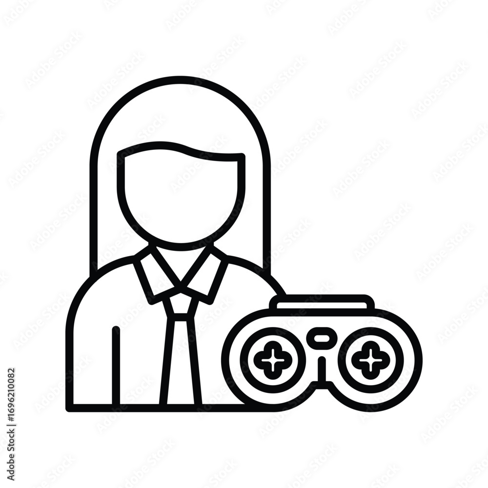 Poster a minimalist icon displays a person in a collared shirt with a game controller beside them. editable