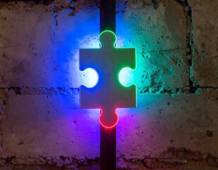 Illuminated white puzzle piece glows with vibrant rainbow colors against a textured concrete wall
