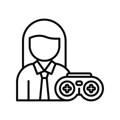 A minimalist icon displays a person in a collared shirt with a game controller beside them. Editable stroke icon