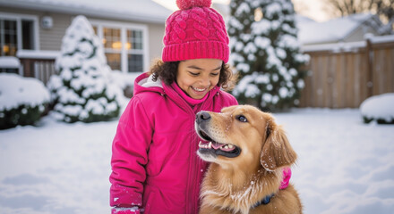 A joyful child in a bright pink coat and hat smiles at her happy golden retriever, both enjoying a beautiful, snowy winter day in their yard.