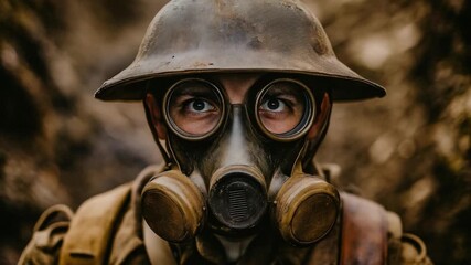 This footage showcases a soldier wearing a classic gas mask. The scene captures the essence of bravery in historical warfare. Perfect for documentaries and educational content. Generative AI