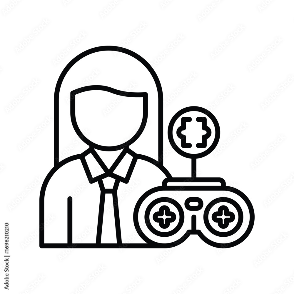 Poster a person icon stands next to a gamepad with coding symbol. editable stroke icon