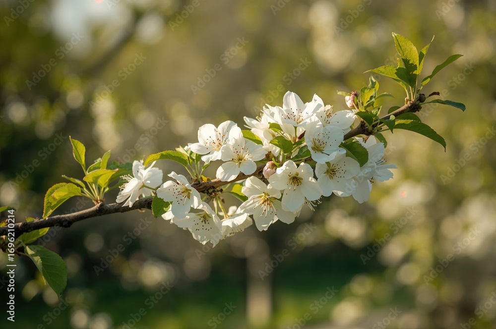 Poster branch of apple tree adorned with white blooms. springtime scenery. landscape orientation.