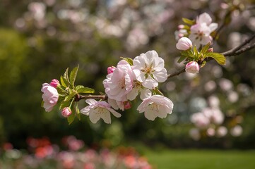 Fototapeta premium Flowering apple branch with garden background in spring
