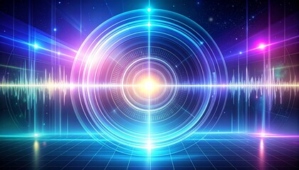 A futuristic holographic interface with glowing circles, vibrant light beams, and a central radiant core, suggesting a technological or scientific display