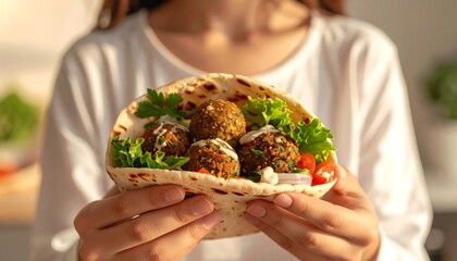 Woman holding a falafel pita
