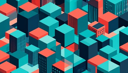 Geometric isometric vector background with stylized floating city blocks and skyscrapers. A futuristic urban scene with clean lines, vibrant colors, and sharp shadows
