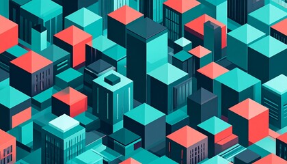 Geometric isometric vector background with stylized floating city blocks and skyscrapers. A futuristic urban scene with clean lines, vibrant colors, and sharp shadows