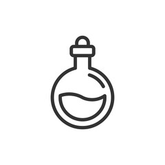 A roundbottomed flask partially filled with liquid and sealed with a stopper is depicted as a simple line drawing. Editable stroke icon