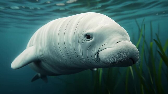 Closeup of dugong gliding over seagrass in shallow coastal waters
