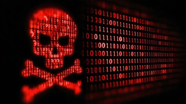 A striking digital artwork featuring a skull and crossbones made of binary code, symbolizing cyber threats and digital security issues in the modern world.