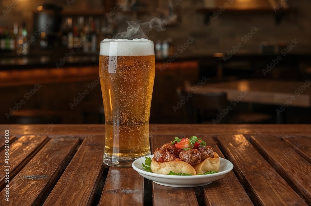 Poster starter dish accompanied by a chilled beer on a rustic wooden table in a bar setting. horizontal lay