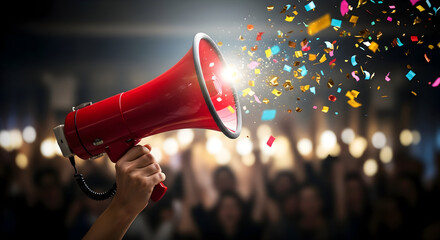 Announcing Big News Exciting Announcement Mega Sale Red Megaphone Loudspeaker Celebration Party Confetti Spotlight Public Address System Marketing Promotion Event Broadcast Communication