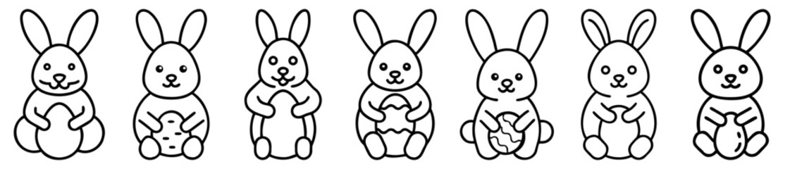 Obraz premium Variety of six cartoon rabbits with Easter eggs in simple line drawing