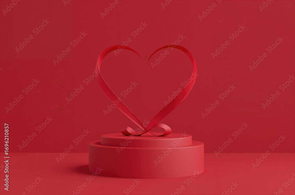 Poster a red platform featuring a twisted heart-shaped ribbon on a scarlet backdrop for product presentatio