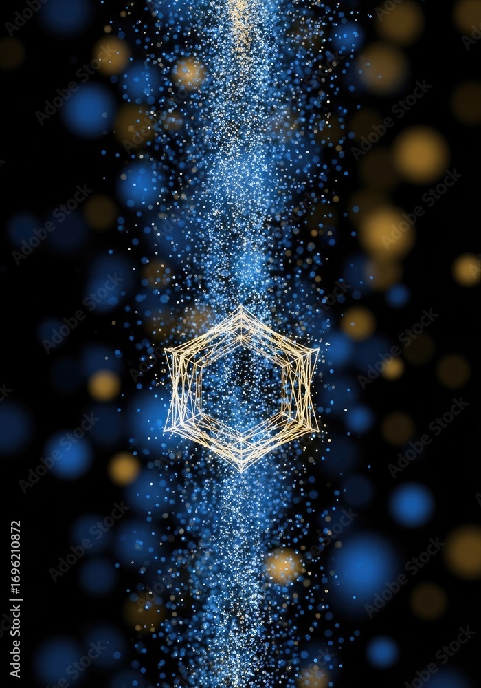 Poster geometric wireframe shape with glittering particle stream on transparent background