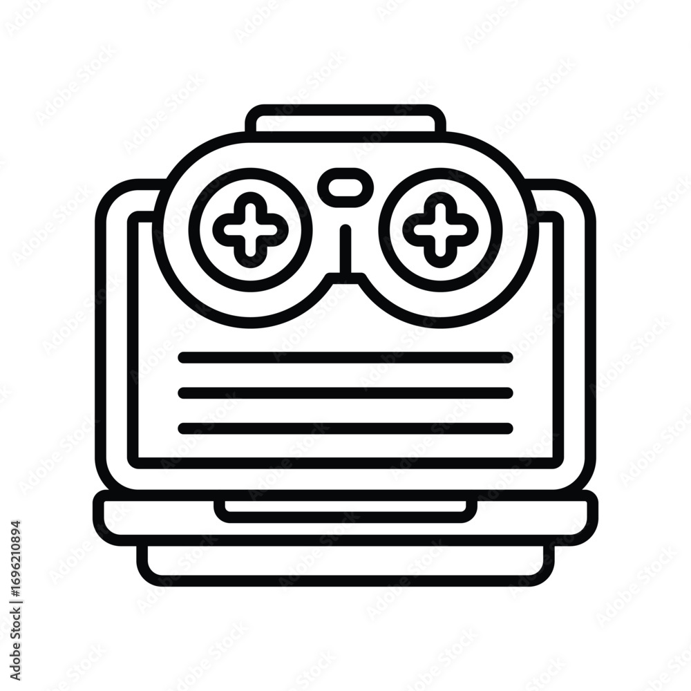 Poster a stylized blackandwhite icon of a laptop computer with a game controller on top. editable stroke ic