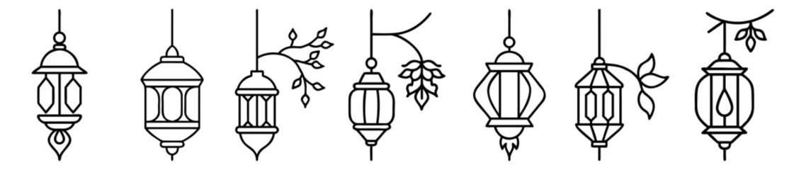Elegant collection of outline lantern and floral vector illustrations for design use