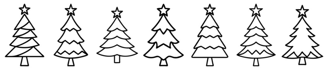 Outlined Christmas tree assortment with stars on top for simple holiday designs