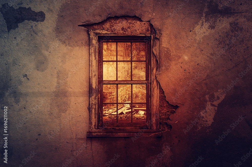 Poster old window set in a brick wall. classic theme with empty space. background with texture and design e