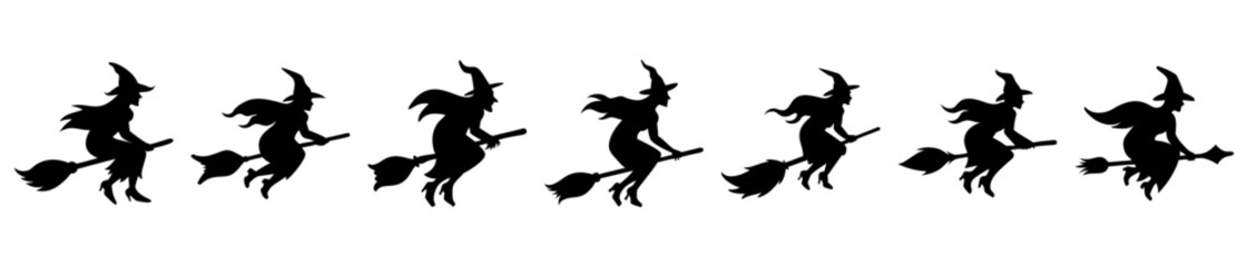 Collection of Silhouetted Witches Flying on Broomsticks Against a White Background