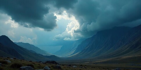 Dramatic, dark stormy cloudscape over a vast, mountainous landscape Perfect for illustrating power, nature, and epic scale Ideal for fantasy, adventure, or environmental themes , panoramic, wide shot
