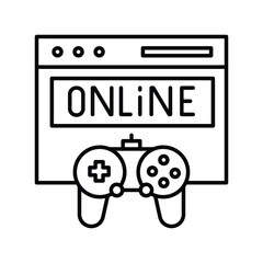 A stylized online gaming icon featuring a game controller in front of a screen displaying the word ONLINE. Editable stroke icon