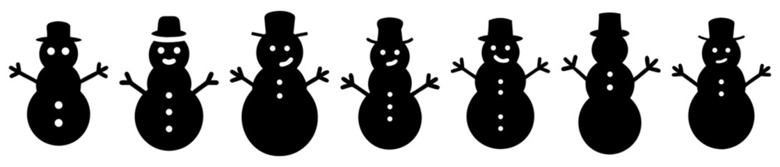 Silhouette vector image of a collection of cheerful snowmen characters in black