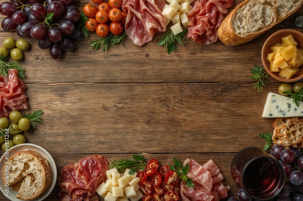Poster assorted meat and cheese platter featuring grapes and olives. overhead shot with space for text.