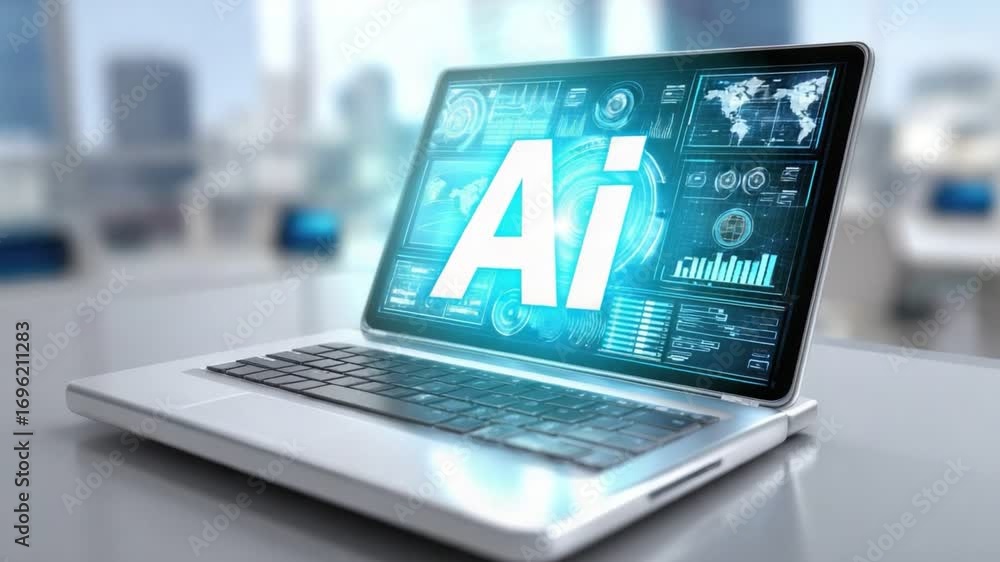 Poster ai technology in laptop: the captivating image showcases a laptop displaying an ai icon on its scree