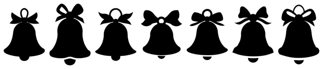 Elegant festive row of simple silhouette black christmas bells with decorative bows
