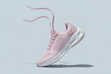 Light pink athletic shoe with white sole floating against blue background sneaker pink shoe