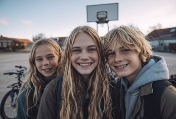 Three smiling teenagers with blonde hair pose in front of a basketball court with bikes parked behind them during golden hour