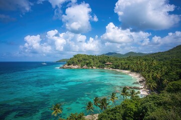 Fototapeta premium Royalty free photo of a beach with palm trees and clear water