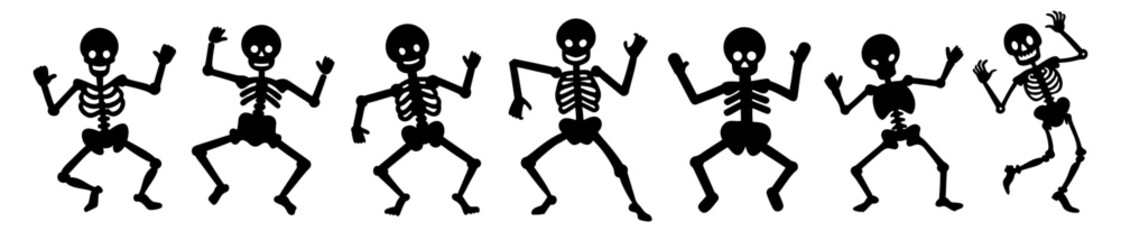 Line of skeletons in black silhouette, dancing and celebrating the spooky season