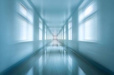 Fototapeta premium Blurry, pale blue corridor with windows along the sides, vanishing into a hazy light at the far end, imparting a sense of motion and space