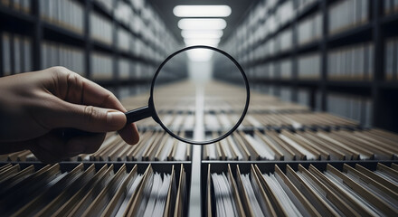 Searching for information in vast archives data research magnifying glass investigation discovery archives records files documents storage database management system information retrieval