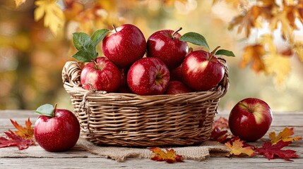 Wicker basket filled with shiny red apples and green leaves on wooden table with autumn foliage around