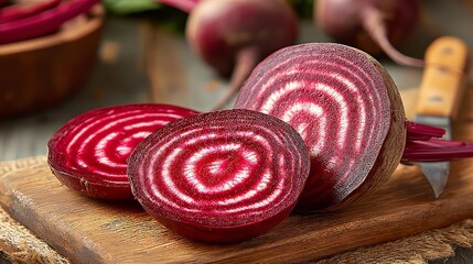 Fresh Chioggia beetroot with concentric rings pattern, organic vegetable background, farm-to-table produce, rustic setting with copy space